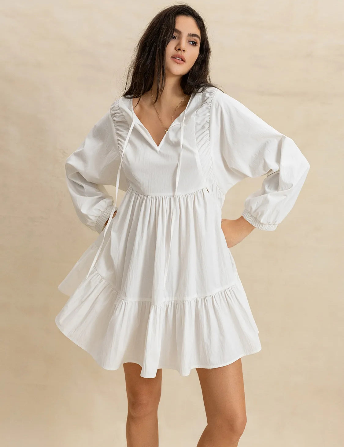 White Tiered Tie Neck Long Sleeve Mini Dress | Daverri Fashions