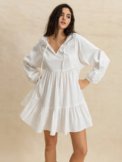 White Tiered Tie Neck Long Sleeve Mini Dress | Daverri Fashions
