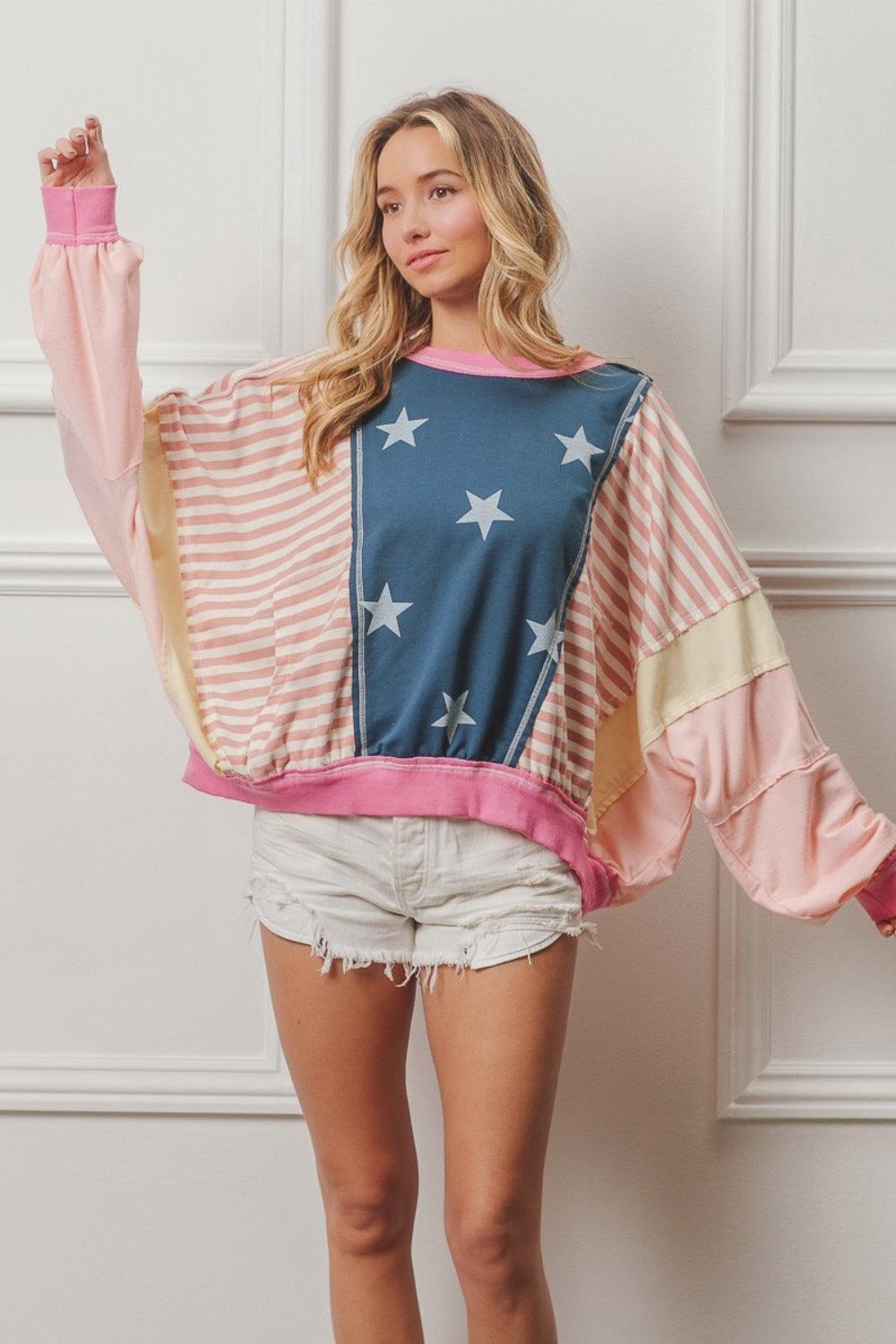 BiBi Stars and Stripes Round Neck Long Sleeve Top XL Tops