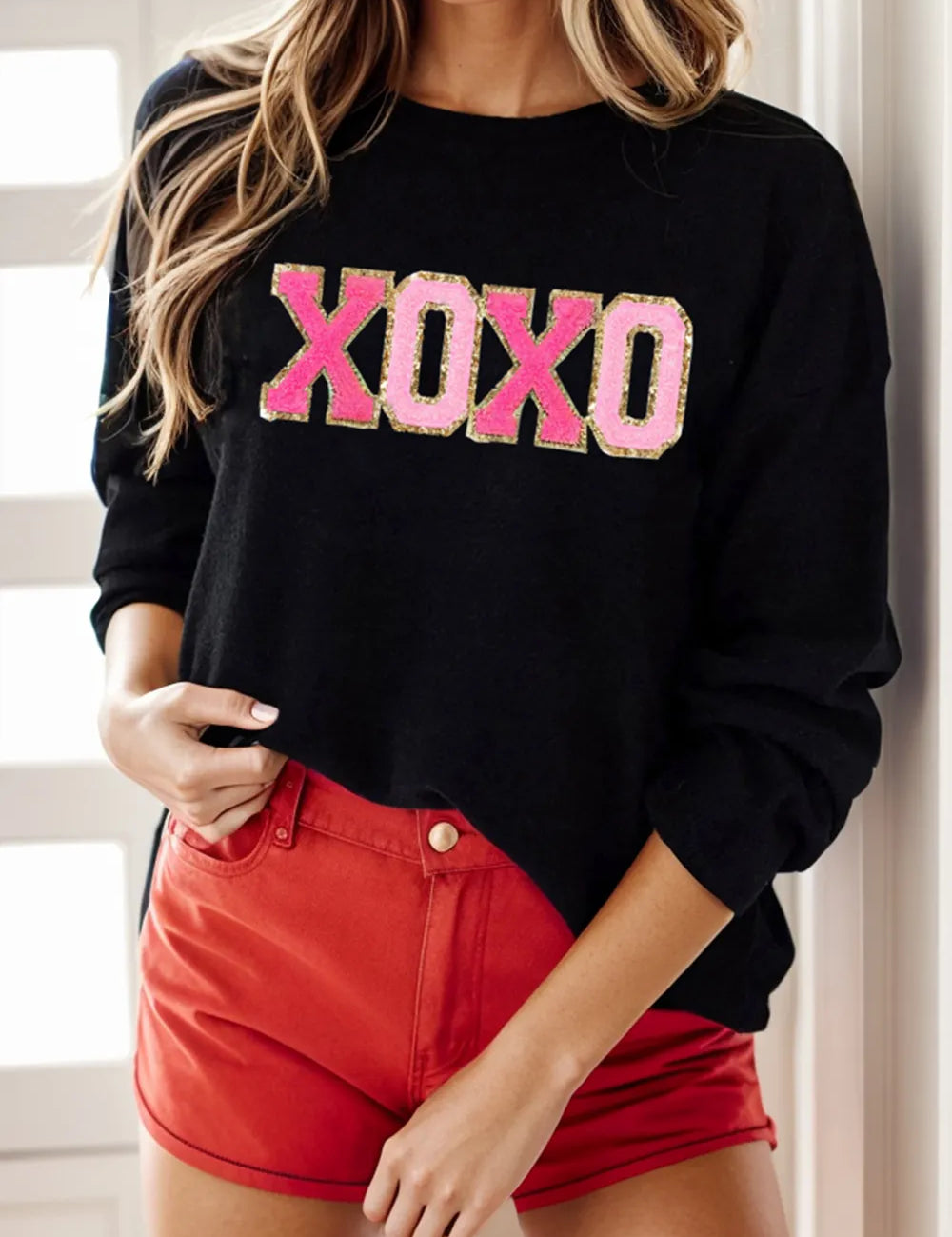 Hot Pink Graphic Round Neck Long Sleeve Sweater | Sweaters Daverri Fashions
