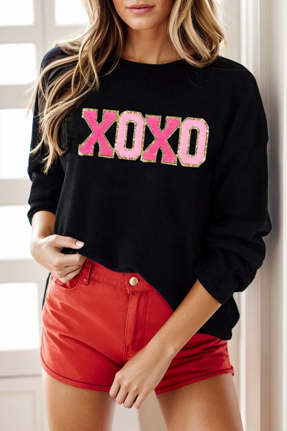 Hot Pink Graphic Round Neck Long Sleeve Sweater | Sweaters Daverri Fashions