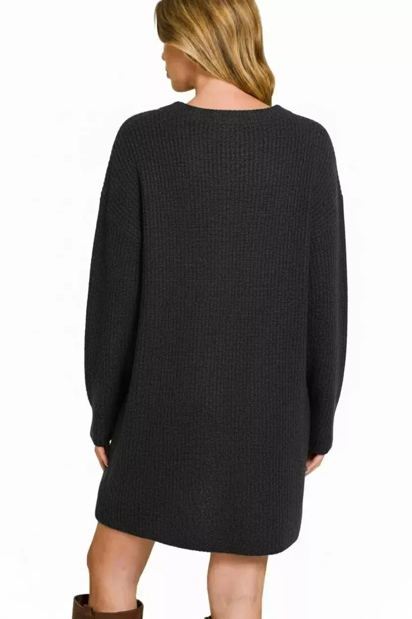 V-Neck Long Sleeve Ribbed Sweater Dress - DAVERRI FASHIONS