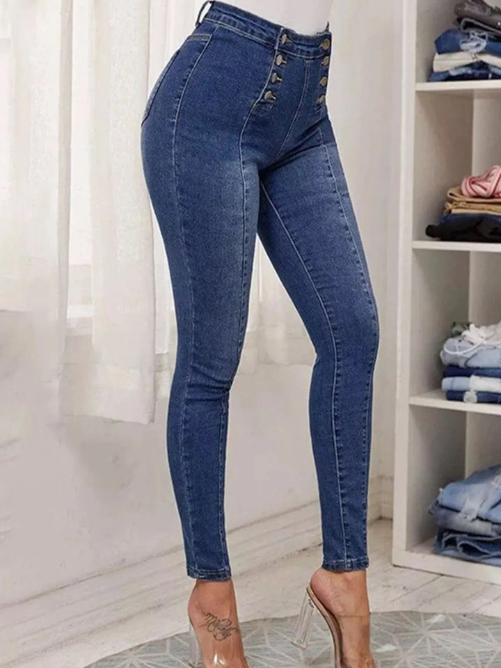 Full Size High-Waisted Double-Breasted Skinny Jeans Plus Size | Jeans Daverri Fashions