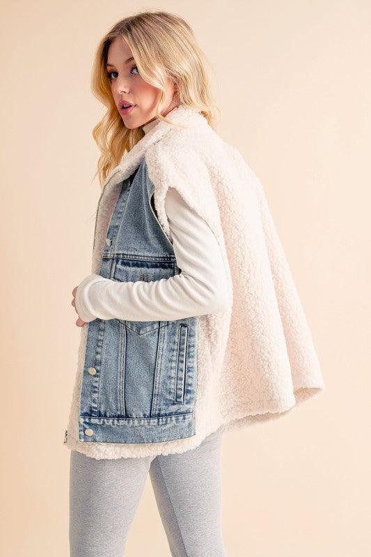 Aemi + Co Denim Patch Sherpa Vest Coat Jackets