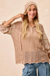 BiBi Jacquard Flower Puff Sleeve Hooded Knit Top | Tops Daverri Fashions