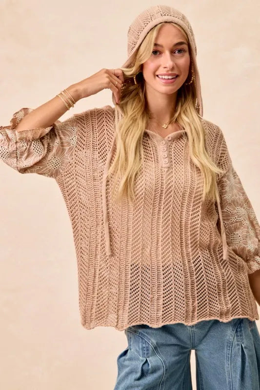 BiBi Jacquard Flower Puff Sleeve Hooded Knit Top | Tops Daverri Fashions
