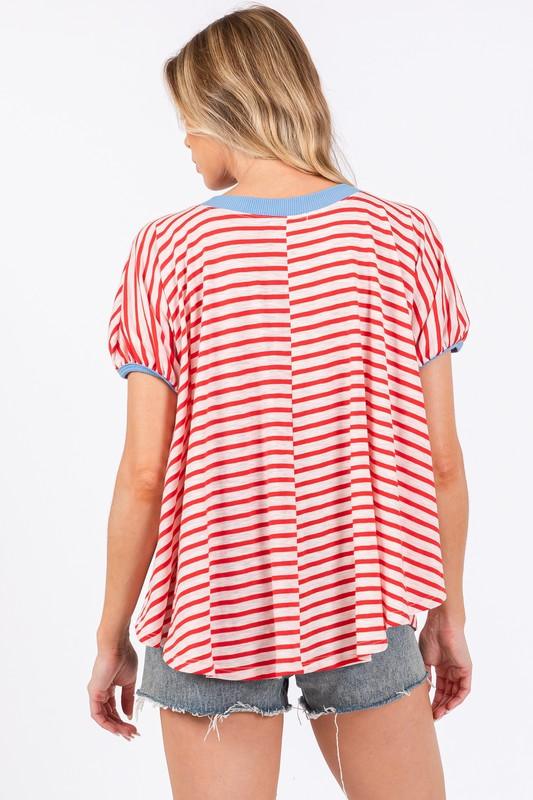 Ces Femme Striped Round Neck Short Sleeve T-Shirt T-Shirts