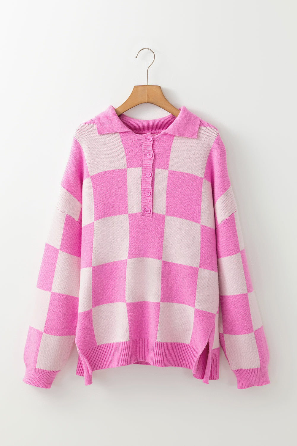Pink Checkerboard Half Button Collared Drop Shoulder Sweater | Sweaters & Cardigans/Sweaters Daverri Fashions