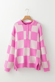 Pink Checkerboard Half Button Collared Drop Shoulder Sweater | Sweaters & Cardigans/Sweaters Daverri Fashions