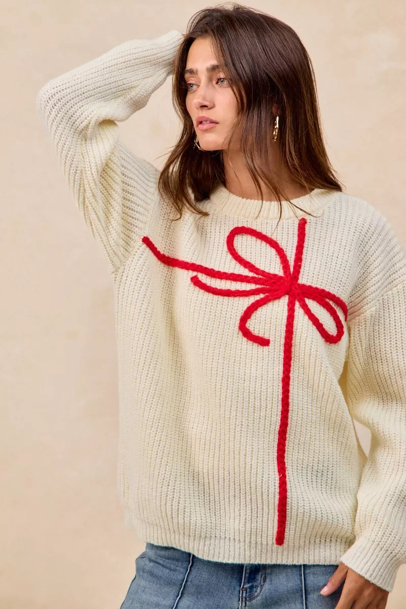 BiBi Christmas Ribbon Bow Embroidery Sweater | Sweaters Daverri Fashions