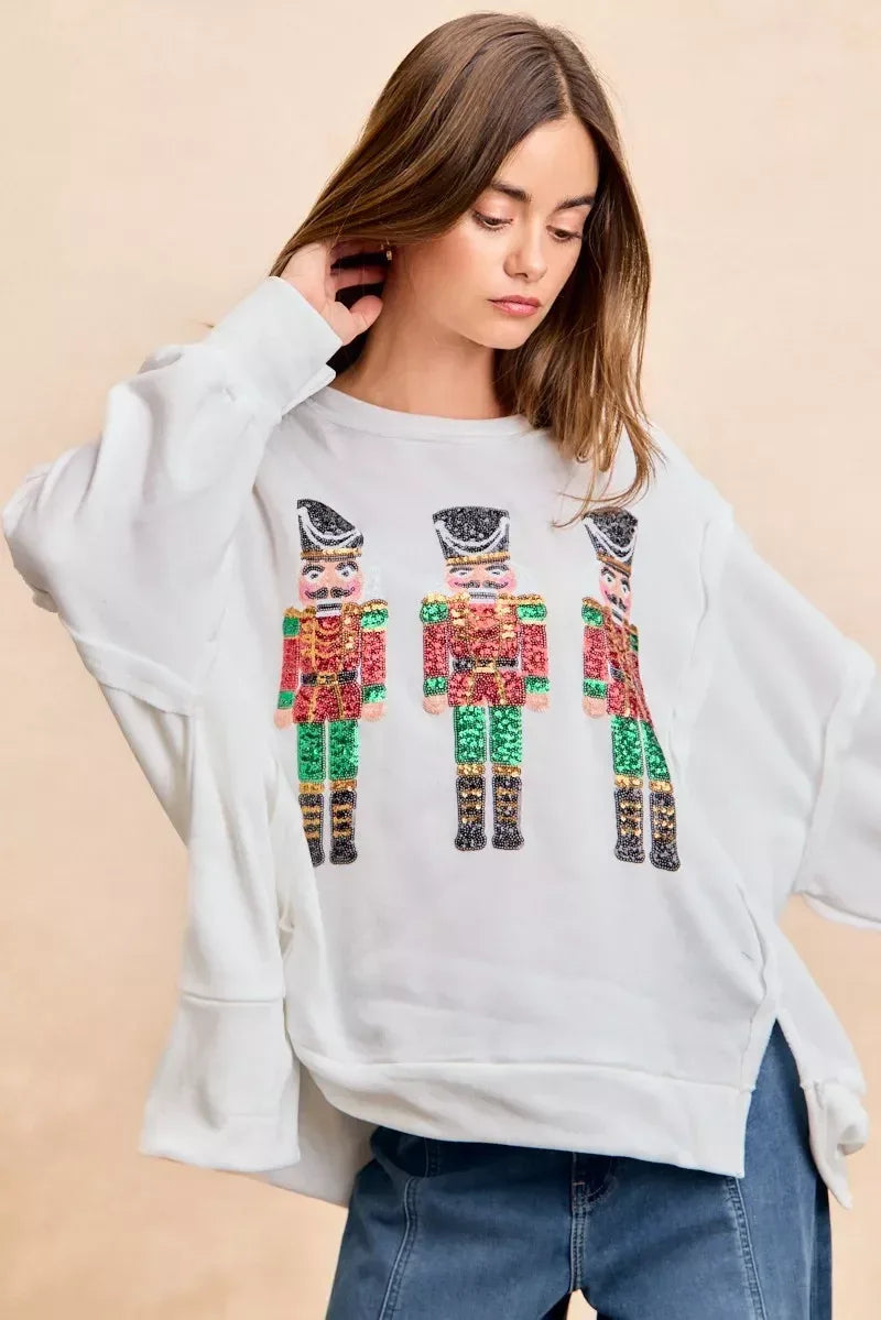 BiBi Christmas Sequin Nutcrackers Embroidery Sweatshirt - DAVERRI FASHIONS