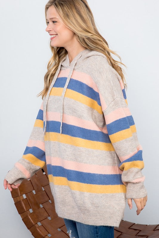 Plus Striped Loose Fit Pullover Hoodie Sweater Tops