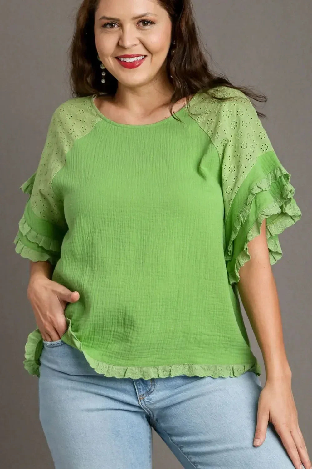 Umgee Cotton Gauze Round Neck Ruffle Eyelet Layered Sleeve Blouse Plus Size - DAVERRI FASHIONS