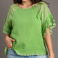 Umgee Full Size Cotton Gauze Round Neck Ruffle Eyelet Layered Sleeve Blouse Plus Size Blouses