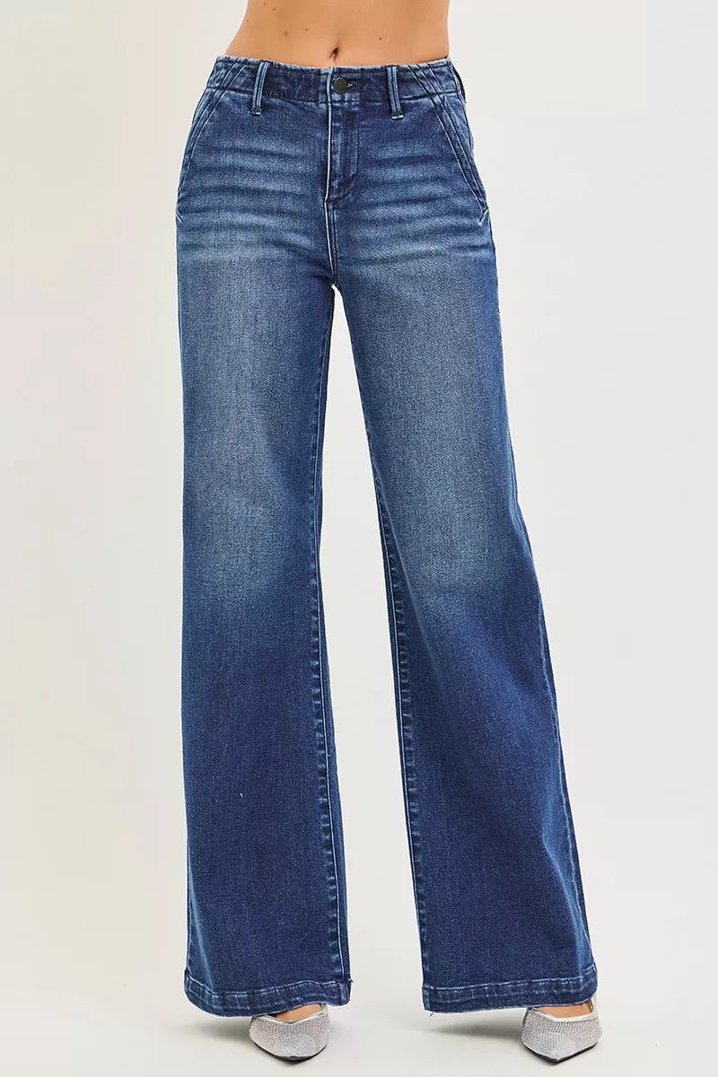 Blue RISEN high-rise wide-leg denim jeans with faded wash