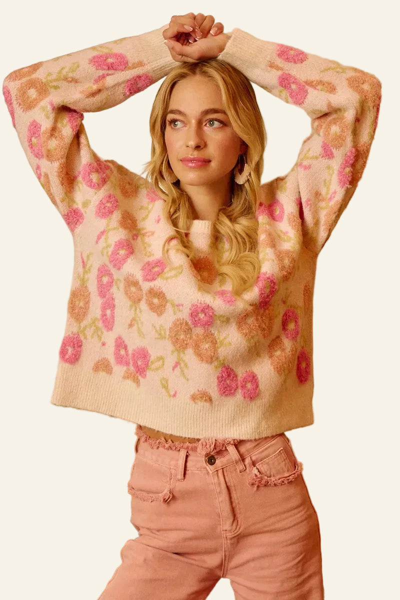Blush-pink knit BiBi floral sweater with peach embroidery