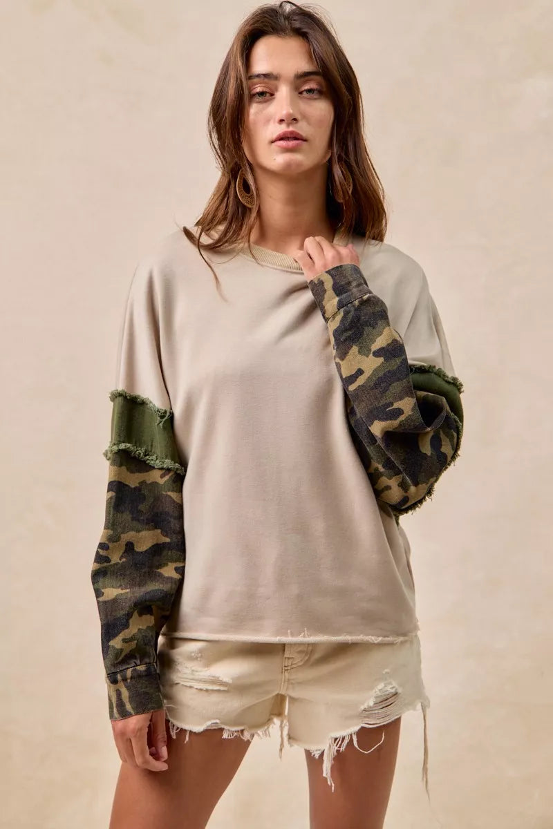 BiBi Camo Sleeve French Terry Top with Frayed Edge | Daverri Fashions