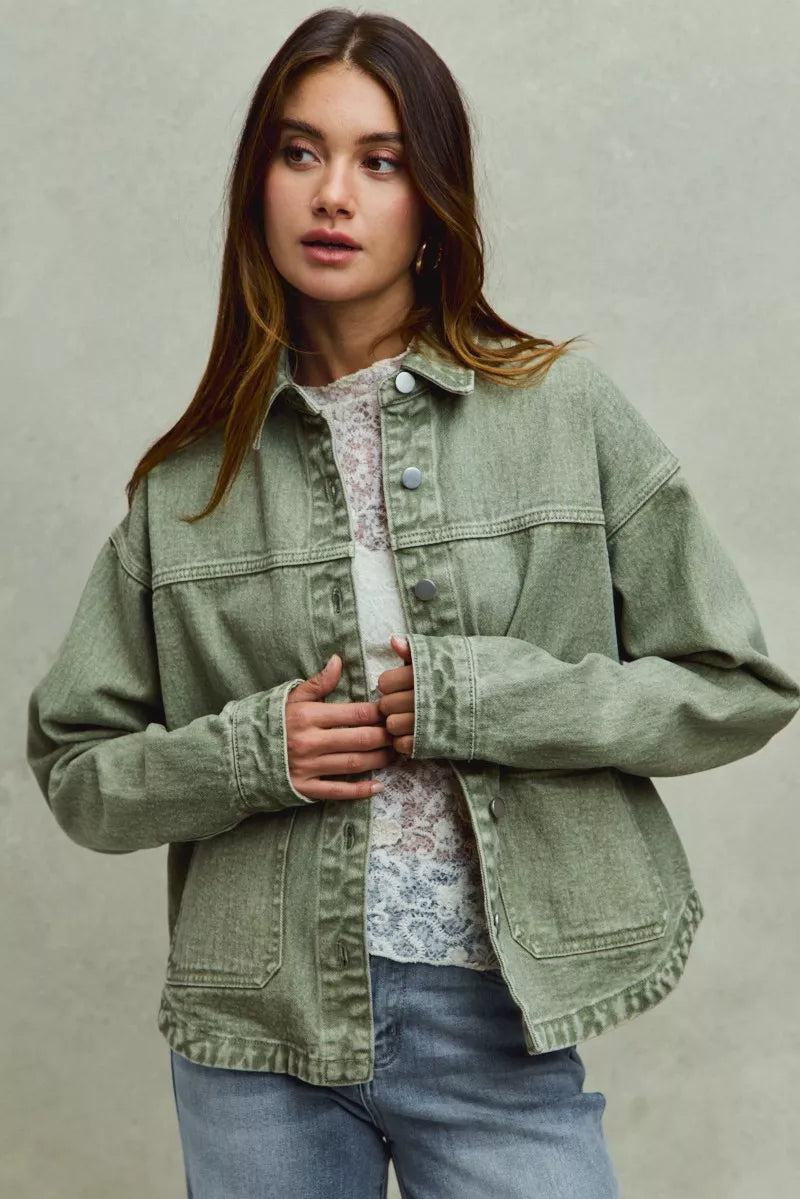 Vintage washed olive green denim shacket with frayed hem and buttons