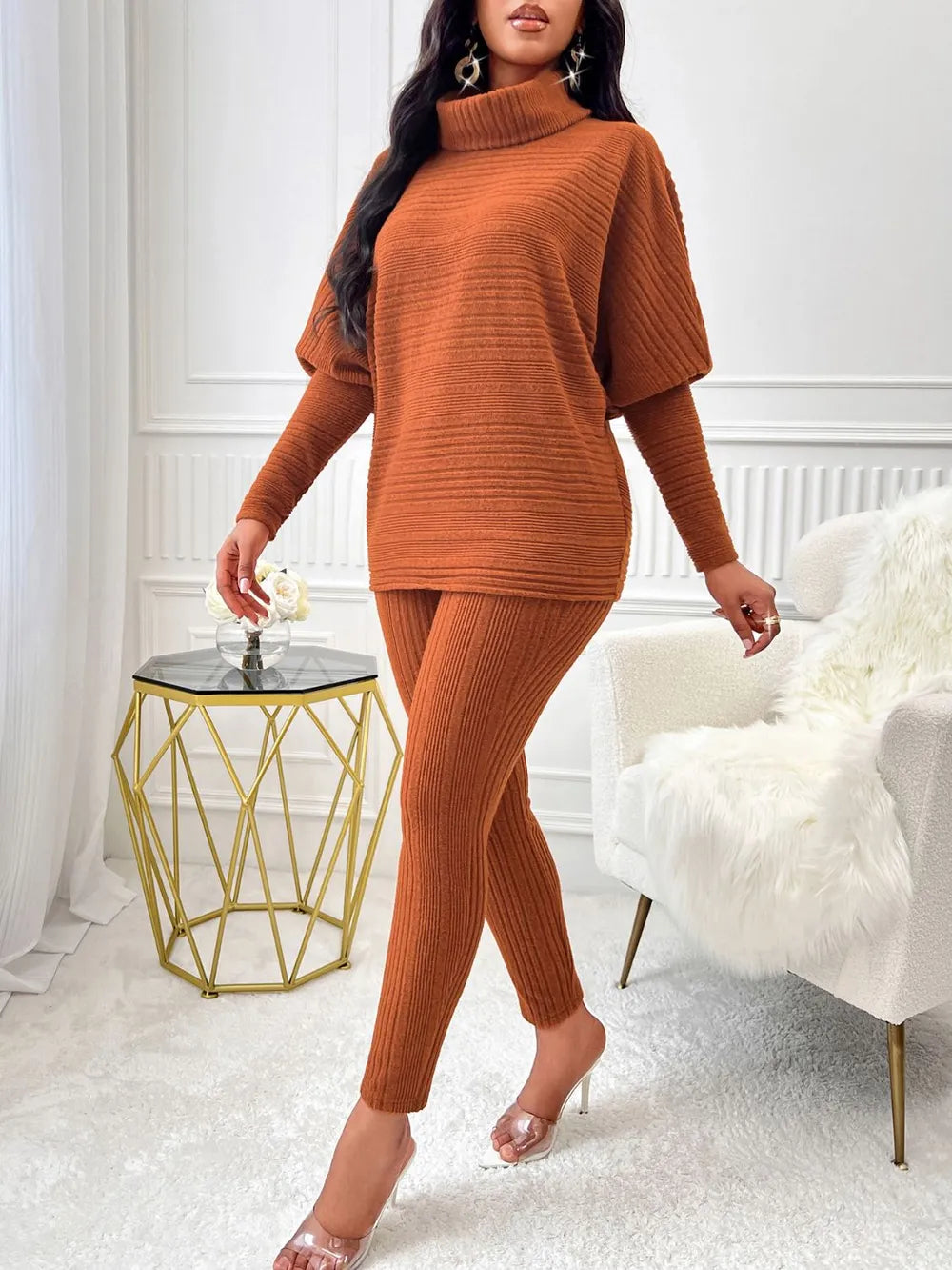 Turtleneck Batwing Sleeve Top and Pants Set | Outfit Sets Daverri Fashions