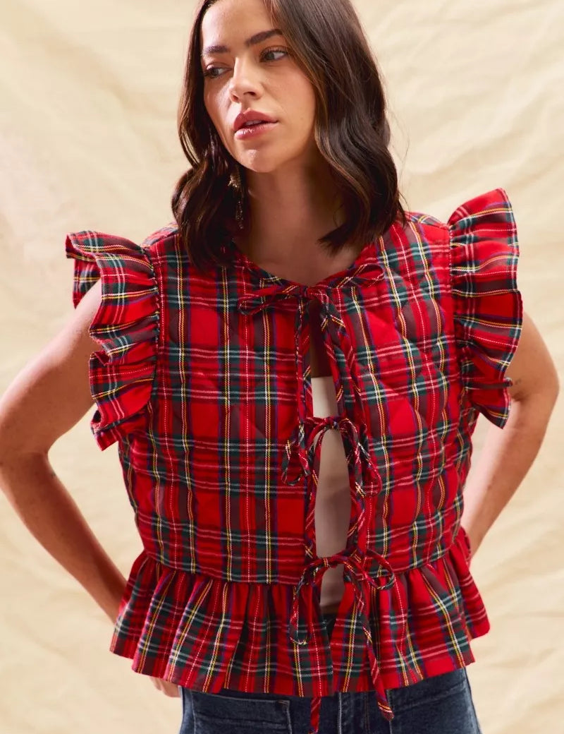 RED SO ME Christmas Holiday Plaid Ruffled Quilt Vest Top | Vest Tops Daverri Fashions