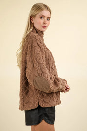VERY J Fuzzy Fleece Half Zip Cable Pattern Sweatshirt Mocha | Sweatshirts Daverri Fashions