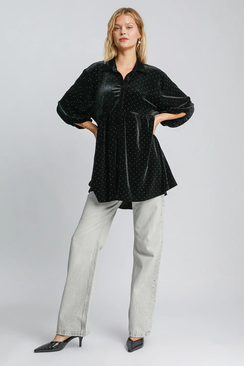 Umgee Full Size Polka Dot Button Up Half Sleeve Shirt | Daverri Fashions