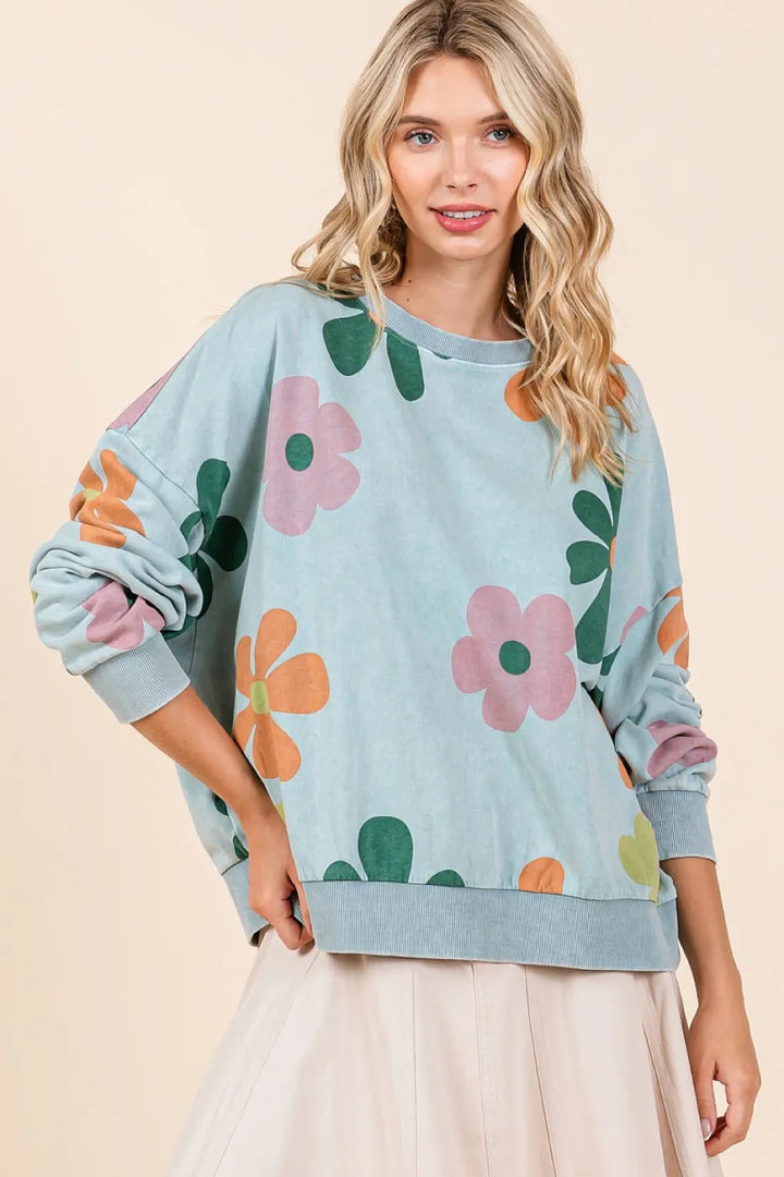 Mittoshop Mineral Wash Flower Print French Terry Sweatshirt Sweatshirts