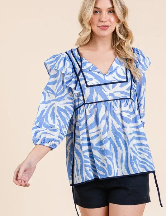 BLUE Lime 'N' Chili Graphic Print Solid Trim Quarter Sleeve Blouse | Daverri Fashions