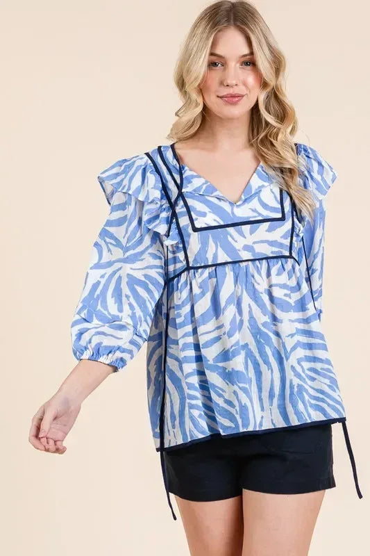 Lime 'N' Chili Graphic Print Solid Trim Quarter Sleeve Blouse - DAVERRI FASHIONS