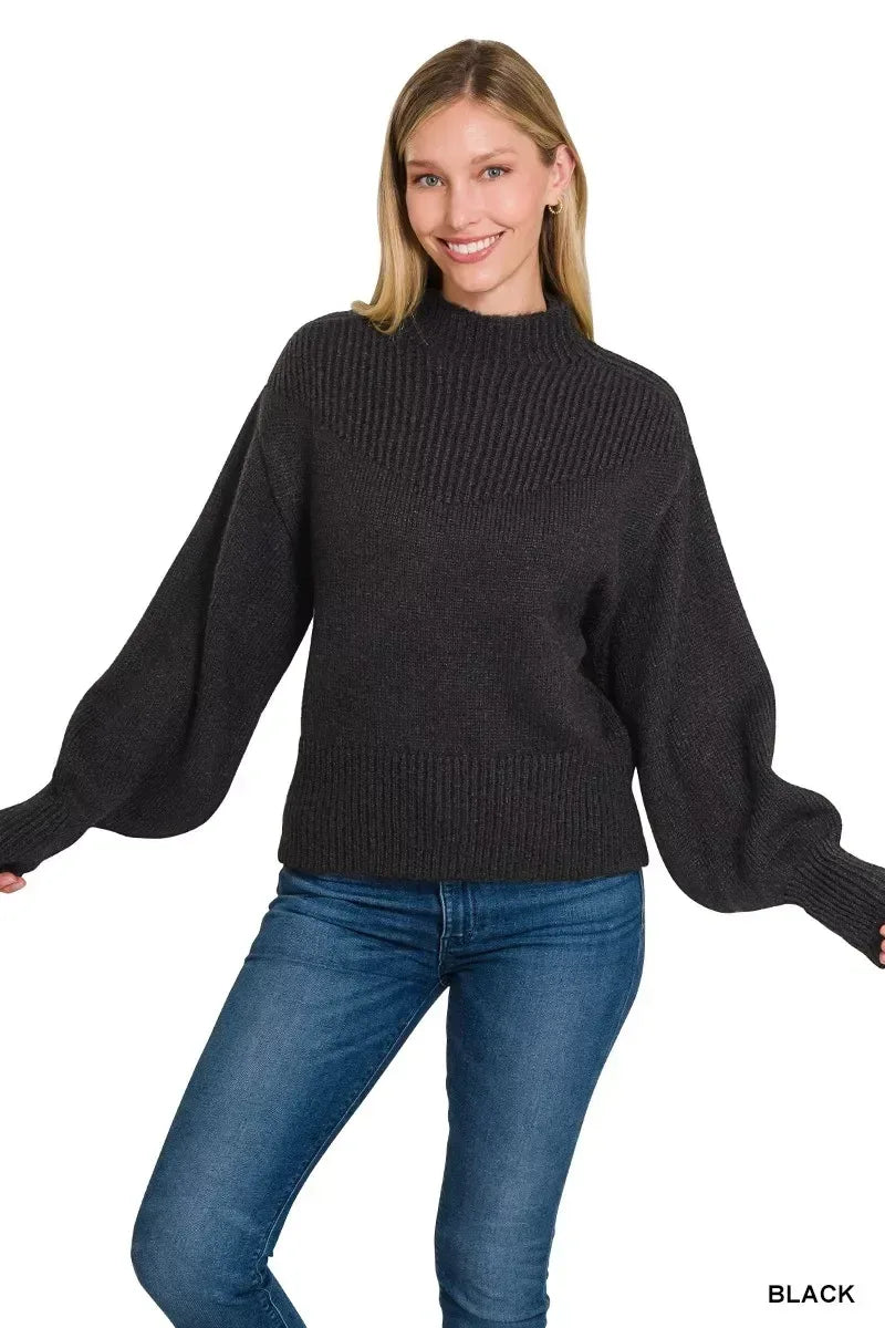 Zenana Black Balloon Sleeve Mock Neck Sweater - DAVERRI FASHIONS