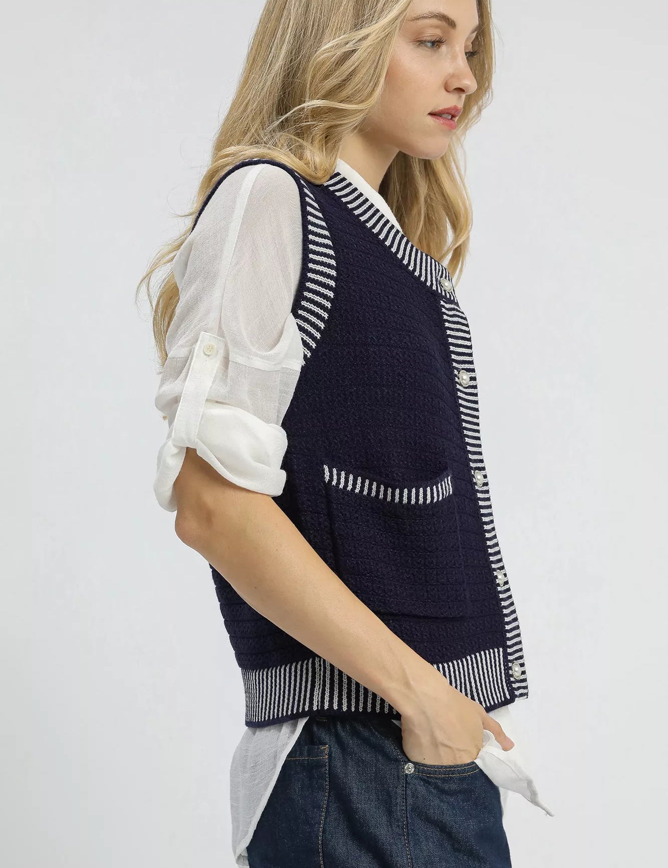 Umgee Contrast Striped Trim Button-Down Sweater Vest | Sweaters Daverri Fashions