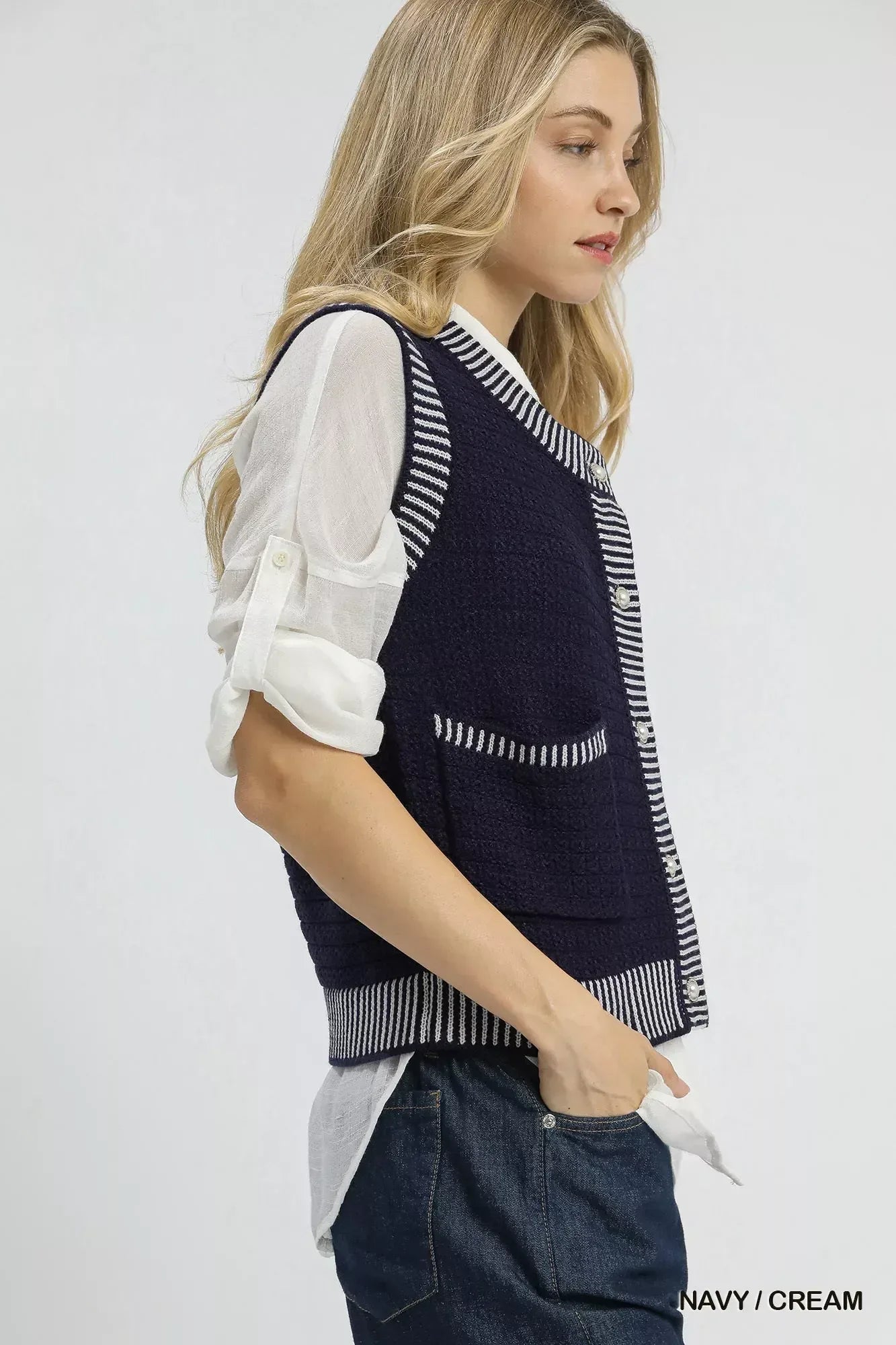 Umgee Contrast Striped Trim Button-Down Sweater Vest - DAVERRI FASHIONS