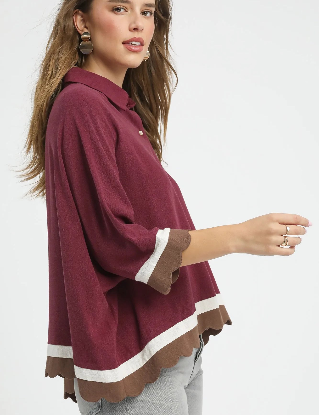 Umgee Colorblock Button-Down Shirt with Scallop Hem | Tops Daverri Fashions