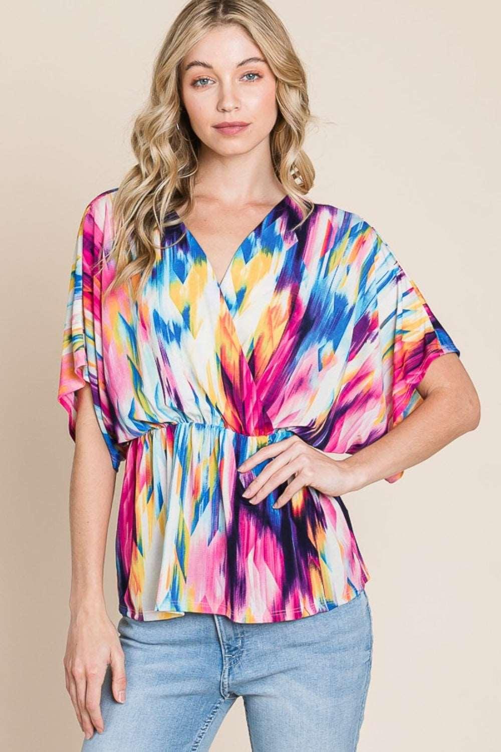 BOMBOM Printed Surplice Peplum Blouse Shirts & Tops