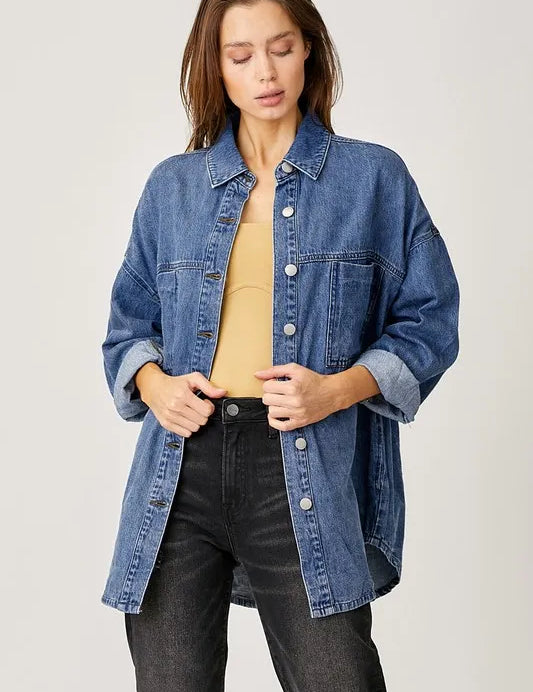 Medium L RISEN Button Up Drop Shoulder Denim Shacket | Shackets Daverri Fashions