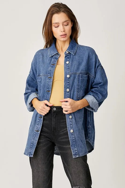 RISEN Button Up Drop Shoulder Denim Shacket Medium Shackets