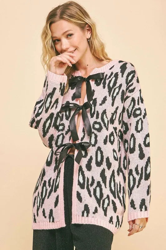 Davi & Dani Leopard Ribbon Tie Front Loose Fit Cardigan Cardigans