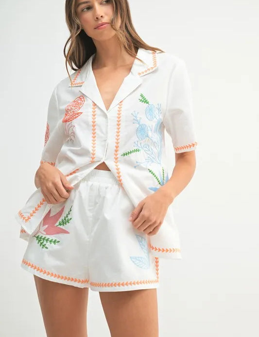 Orange S MABLE Embroidered Button Down Shirt and Shorts Set | Outfit Sets Daverri Fashions