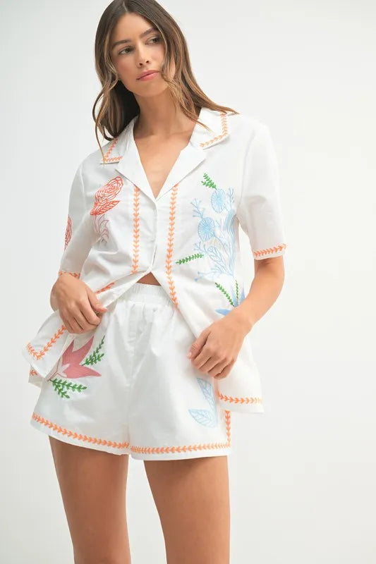 MABLE Embroidered Button Down Shirt and Shorts Set Orange S Outfit Sets