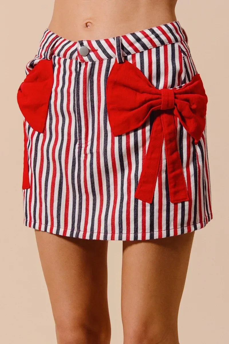 SO ME Contrast Bow Knot Pocket Fourth Of July Denim Skirt - DAVERRI FASHIONS
