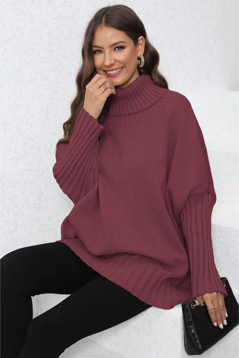 Maroon ribbed turtleneck sweater with balloon sleeves