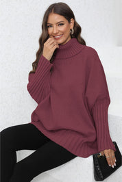 Maroon ribbed turtleneck sweater with balloon sleeves
