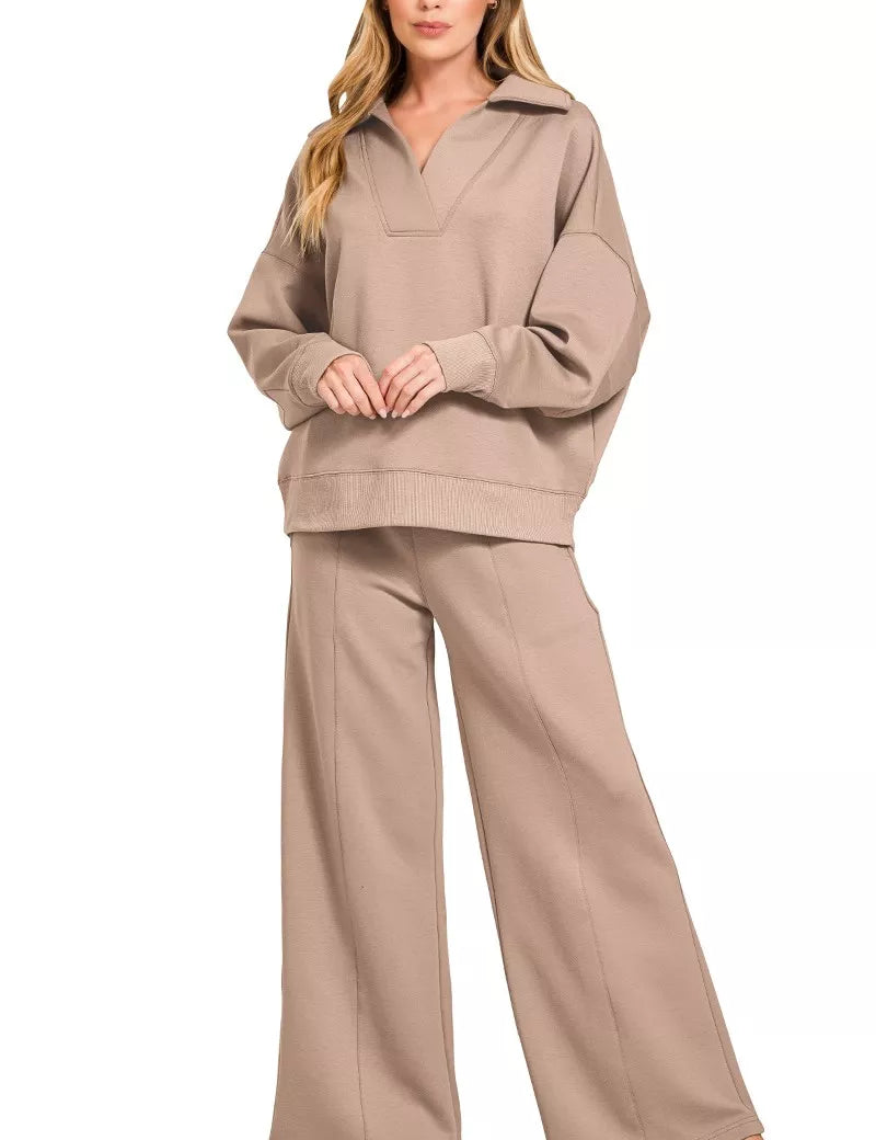 COCOA S Zenana Scuba Collared Pullover and Pants Set | Daverri Fashions