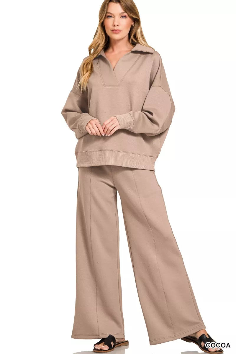 COCOA S Zenana Scuba Collared Pullover and Pants Set | Daverri Fashions