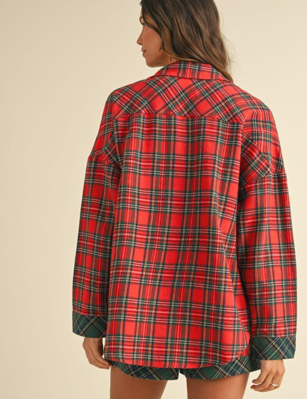Annie Wear Contrast Plaid Long Sleeve Top and Shorts Set | Outfit Sets Daverri Fashions