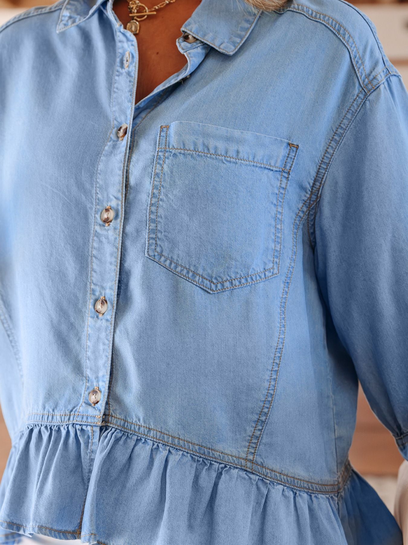 Daverri half sleeve chambray ruffled high low button down shirt