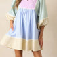 Pastel striped patchwork ric rac puff sleeve collared mini dress