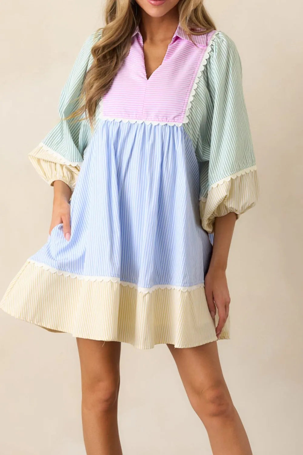Pastel striped patchwork ric rac puff sleeve collared mini dress