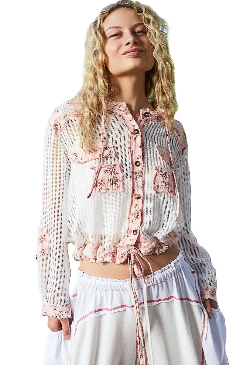 POL Vintage Washed Crochet Hoodie Jacket With Patchwork Jackets