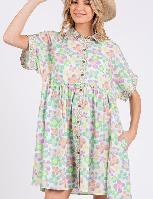 SAGE+FIG Floral Babydoll Short Sleeves Dress Gum Leaf